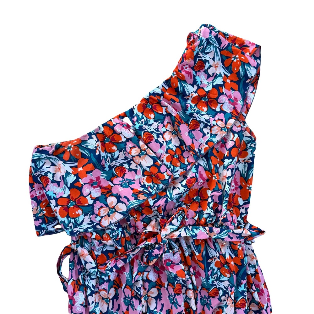 Floral Print One Shoulder‎ Midi Dress Ruffle Tiered Tropical Vacation X-Large - Picture 3 of 4